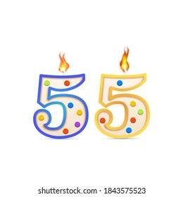 Fifty five years anniversary, 55 number shaped birthday candle with fire isolated on white