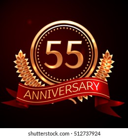 Fifty five years anniversary celebration with golden ring and ribbon.