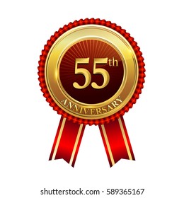 fifty five years birthday celebration logotype. 55th years anniversary golden badge with red ribbons isolated on white background, vector design for greeting card, banner and invitation card.