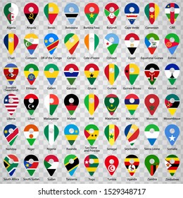 Fifty four Flags of African countries - alphabetical order with name.  Set of 2d geolocation signs like national flags of Africa. Fifty four geolocation signs for your web site design, logo, app, UI
