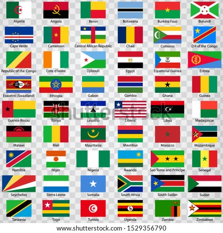 Fifty four flags of the countries of Africa. List of all flags African countries with inscriptions and original proportions on transparent background. Flags for your web site design, logo, app, UI.  