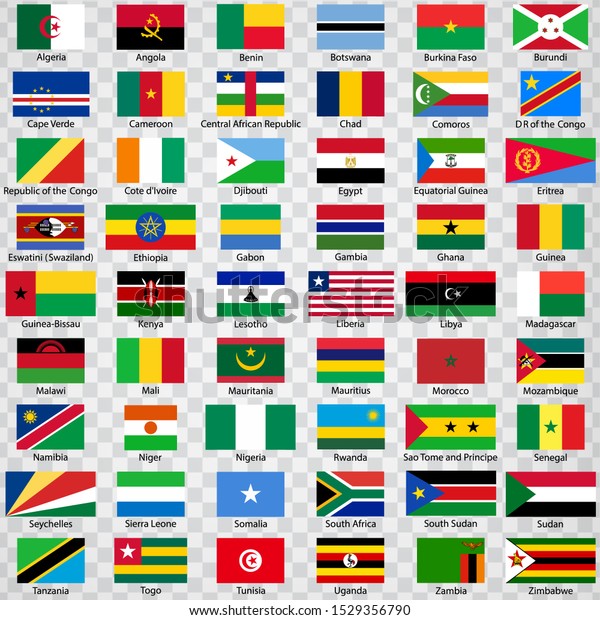Fifty four flags of the countries of Africa. List of all\
flags African countries with inscriptions and original proportions\
on transparent background. Flags for your web site design, logo,\
app, UI.  