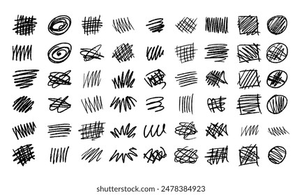 Fifty four small hand drawn doodles of different shapes and types. Doodles and Squiggles. Vector set