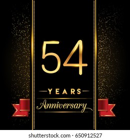 fifty four years anniversary celebration logotype. 54th anniversary logo with confetti golden colored and red ribbon isolated on black background, vector design for greeting card and invitation card