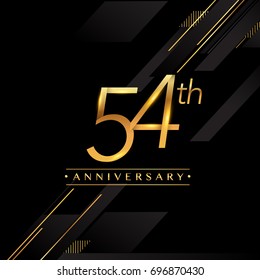 fifty four years anniversary celebration logotype. 54th anniversary logo golden colored isolated on black background, vector design for greeting card and invitation card.