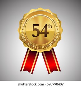fifty four years anniversary logotype, with golden badge and red ribbon, vector elements for birthday celebration