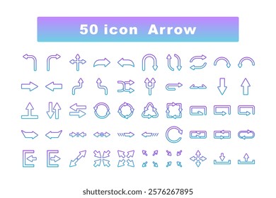 Fifty gradient arrow icons in rows. Suitable for web and app design, infographics, presentations, and graphic design projects.