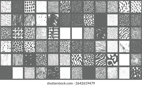Cincuenta patrones abstractos en escala de grises dispuestos en una cuadrícula, cada cuadrado presenta texturas únicas que van desde formas geométricas hasta orgánicas, creando una colección diversa de Elementos de diseño