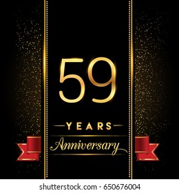 fifty nine years anniversary celebration logotype. 59th anniversary logo with confetti golden colored and red ribbon isolated on black background, vector design for greeting card and invitation card