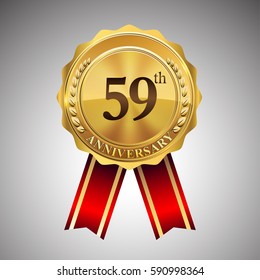 fifty nine years anniversary logotype, with golden badge and red ribbon, vector elements for birthday celebration