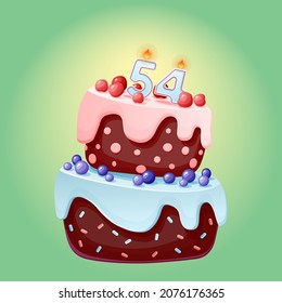 Fifty nine years birthday cake with candles number 59. Cute cartoon festive vector image. Chocolate biscuit with berries, cherries and blueberries. Happy Birthday illustration