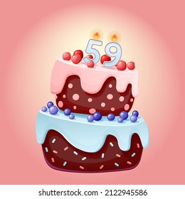 Torta de cincuenta y nueve años con velas número 59. Imagen vectorial festiva de dibujos animados. Galleta de chocolate con bayas, cerezas y arándanos. Ilustración del cumpleaños feliz