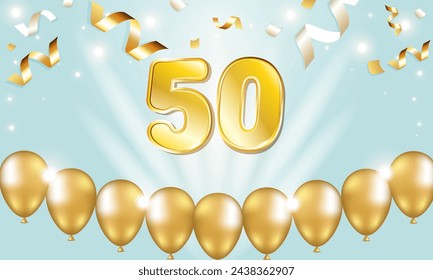 A fifty number in gold. 50th anniversary celebration. Golden numbers and balloon serpentine lights on a blue background.	