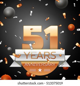 Fifty one years anniversary celebration background with silver ribbon confetti and circles. Anniversary ribbon. Vector illustration.