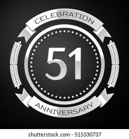 Fifty one years anniversary celebration with silver ring and ribbon on black background. Vector illustration