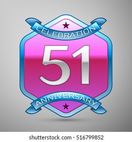 Fifty one years anniversary celebration silver logo with blue ribbon and purple hexagonal ornament on grey background.