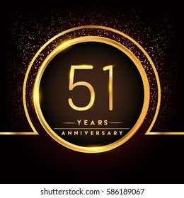 fifty one years birthday celebration logotype. 51st anniversary logo with confetti and golden ring isolated on black background, vector design for greeting card and invitation card.