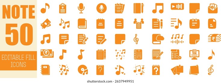 Fifty orange note music and document icons set