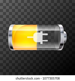 Fifty percent bright glossy battery icon with charging symbol on transparent background