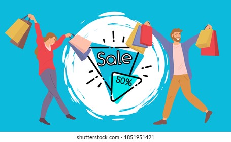 Fifty percent discount announcement on blue background. Couple with shopping bags in their hands. Young beautiful girl picks up multi-colored packages and crosses her legs. People shopping at the sale