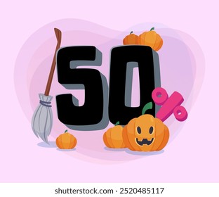 Fifty percent discount banner design. Witches broom and pumpkins on abstract background. Halloween, holiday, shopping, sale concept. Vector illustration for flyer or poster