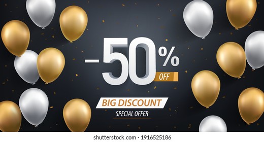 Fifty percent discount. Gold and white balloons with confetti on black background.