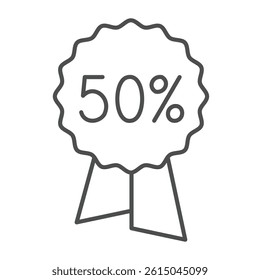Fifty percent discount sticker thin line icon, black friday concept. Vector graphics. Stamp number with ribbon, shopping sign on white background, outline style icon for mobile or web design