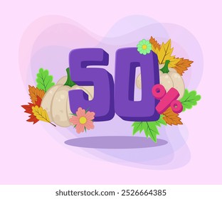 Fifty percent discount vector illustration. Squashes, autumn leaves and flowers on abstract background. Sale, shopping, loyalty program, autumn concept. Can be used for poster or banner design