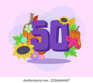 Fifty percent discount vector illustration. Pumpkins, leaves, flowers and sunflowers on abstract background. Sale, shopping, loyalty program, autumn concept. Can be used for poster or banner design