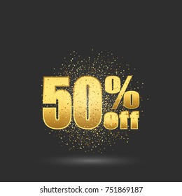 Fifty percent discount.Gold glitter particles on the background of Golden numbers.