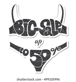 Fifty percent. The inscription big sale hand-decorated ornaments. Sticker. Vector illustration