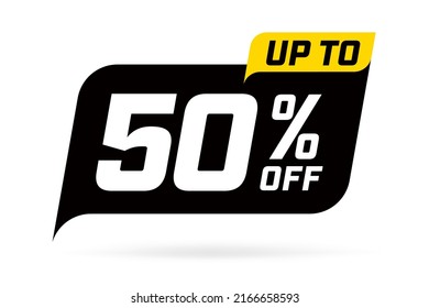 Fifty percent off advertisement sticker template. Black and white price discount offer label design. Sale sticker vector illustration