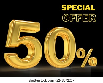 Fifty percent off with black background and 3d gold lettering