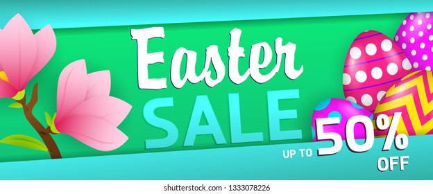 Fifty percent off Easter sale banner design. Colored eggs and pink blossoms on blue and green background. Illustration can be used for adverts, leaflets, posters