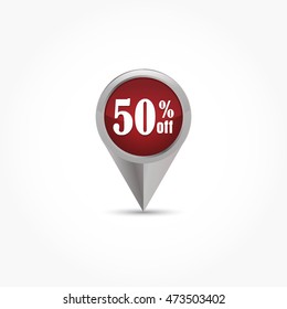 fifty percent off logo vector in red circle head grey pin