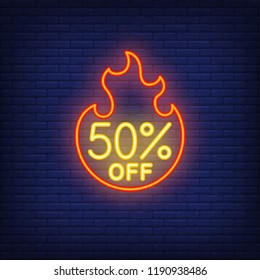 Fifty percent off neon text with fire flame. Discount or sale advertising design. Night bright neon sign, colorful billboard, light banner. Vector illustration in neon style.