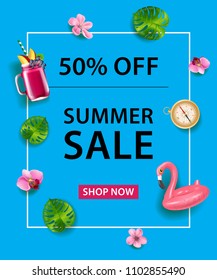 Fifty Percent Off poster. Flamingo swim tube, cocktail, compass, orchid flowers and leaves on blue background. Summer Sale Shop Now lettering. Sale banner. For posters, leaflets and brochure