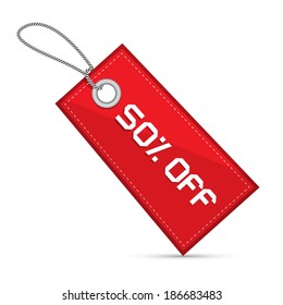 Fifty Percent Off Red Discount Sale Paper Label, Tag With Strings