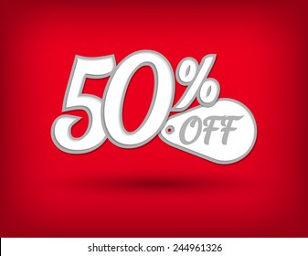 a fifty percent off tag on red background