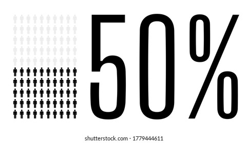 Fifty Percent People Graphic, 50 Percentage Population Demography Diagram. Vector People Icon Chart Design For Web Ui Design. Flat Vector Illustration Black And Grey On White Background.