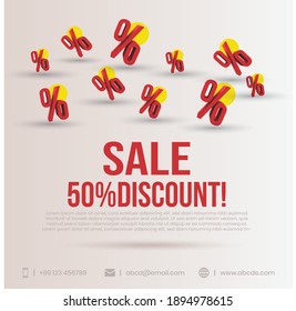 fifty percent sale banner. 50% sale discount Facebook and Instagram post template with 3D sale percentage icons in red color. Simple sale and discount poster for twitter and facebook social media