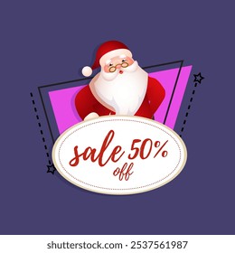 Fifty percent sale banner design with Santa. Lettering in white oval frame with cartoon Santa Claus on abstract background with polka dot. Can be used for sales, shops, discounts