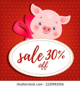 Fifty percent sale red poster design with cute piggy. Lettering in white round frame with cartoon piggy in neckband on red background with polka dot. Can be used for sales, shops, discounts