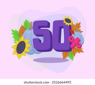 Fifty percent special offer vector illustration. Blue pumpkins, autumn leaves and sunflowers on abstract background. Sale, shopping, autumn, discount concept. Can be used for poster or banner design