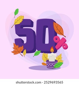 Cincuenta por ciento de Ilustración vectorial. Vela ardiente y hojas de otoño que caen sobre fondo abstracto. Venta, compras, descuentos de otoño, concepto de oferta especial. Puede ser utilizado para el diseño del cartel o del Anuncio