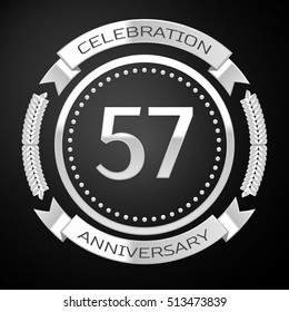 Fifty seven years anniversary celebration with silver ring and ribbon on black background. Vector illustration