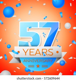 Fifty seven years anniversary celebration on orange background. Anniversary ribbon