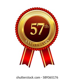 fifty seven years birthday celebration logotype. 57th years anniversary golden badge with red ribbons isolated on white background, vector design for greeting card, banner and invitation card.