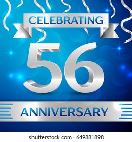 Fifty six Years Anniversary Celebration Design. Confetti and silver ribbon on blue background. Colorful Vector template elements for your birthday party. Anniversary ribbon