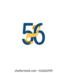 Fifty Six Years Anniversary with Yellow Ribbon. 56th Logo Celebration Isolated on White Background